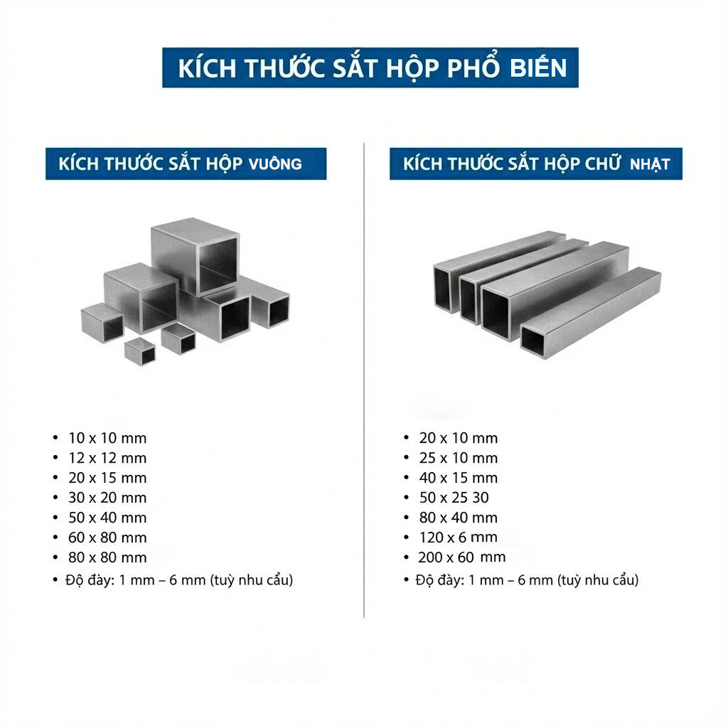 kích thước sắt hộp